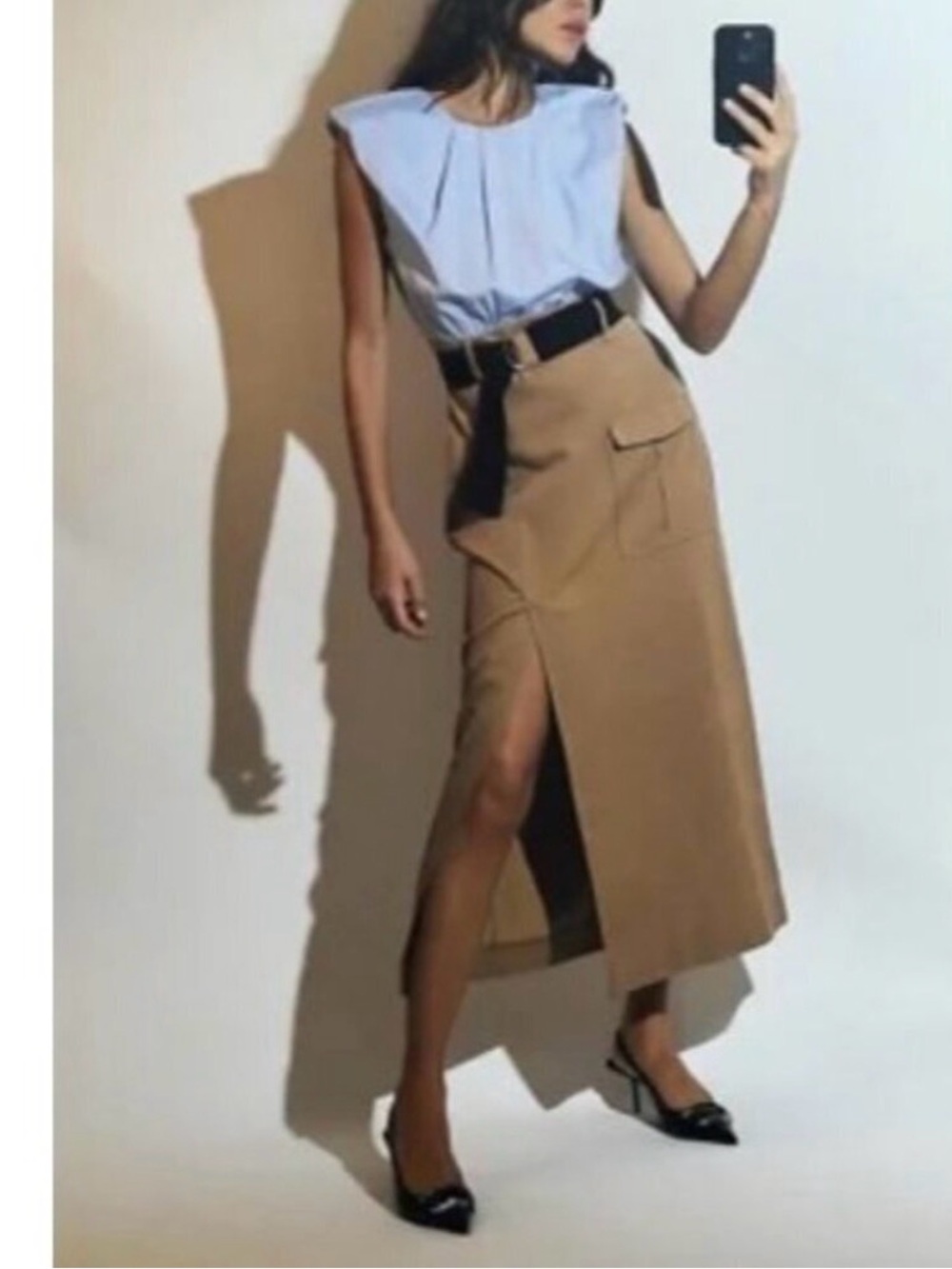 Zara Light Blue and Camel Belted Midi Dress - Picture 2 of 4